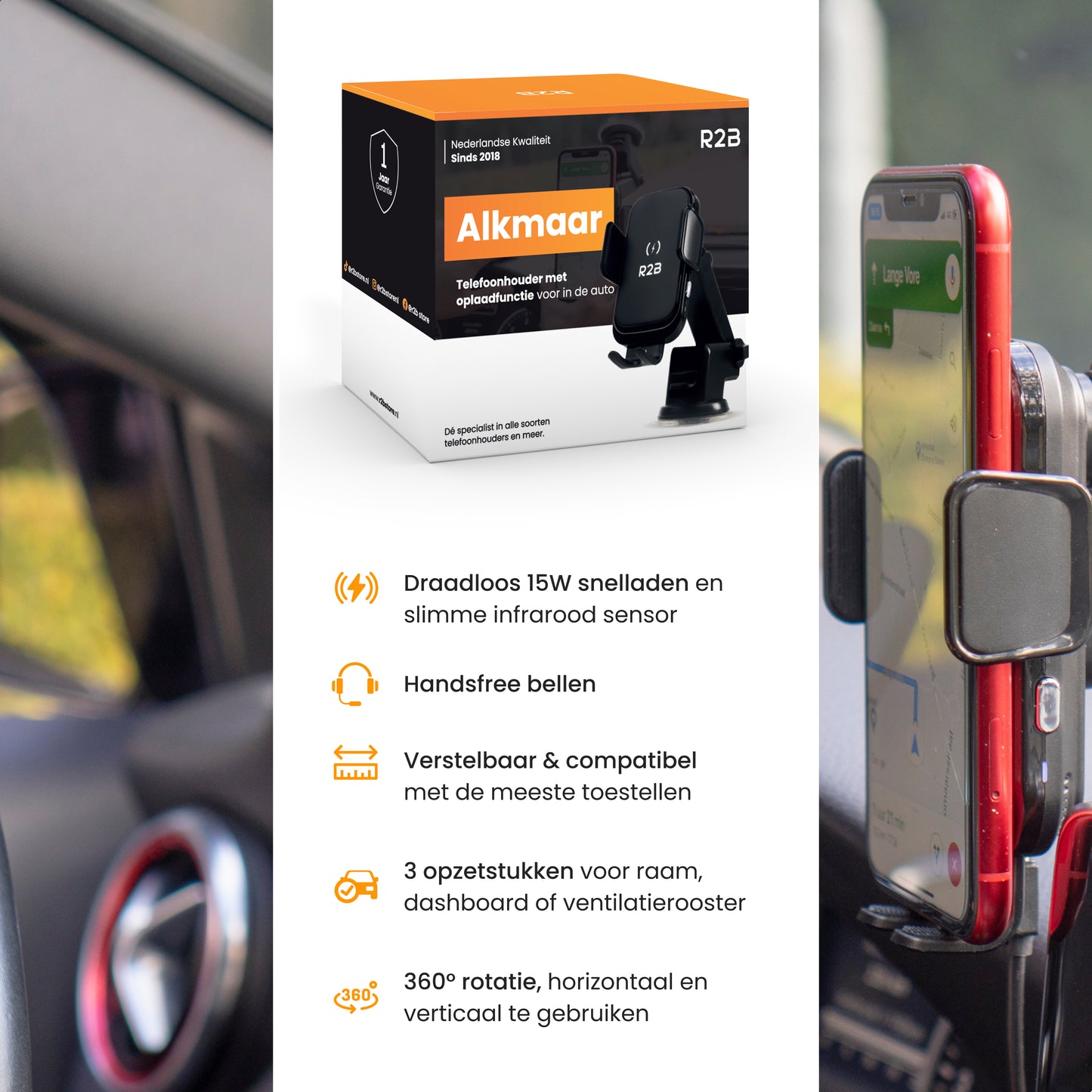 R2B Telefoonhouder auto zuignap met draadloos opladen - Model Alkmaar
