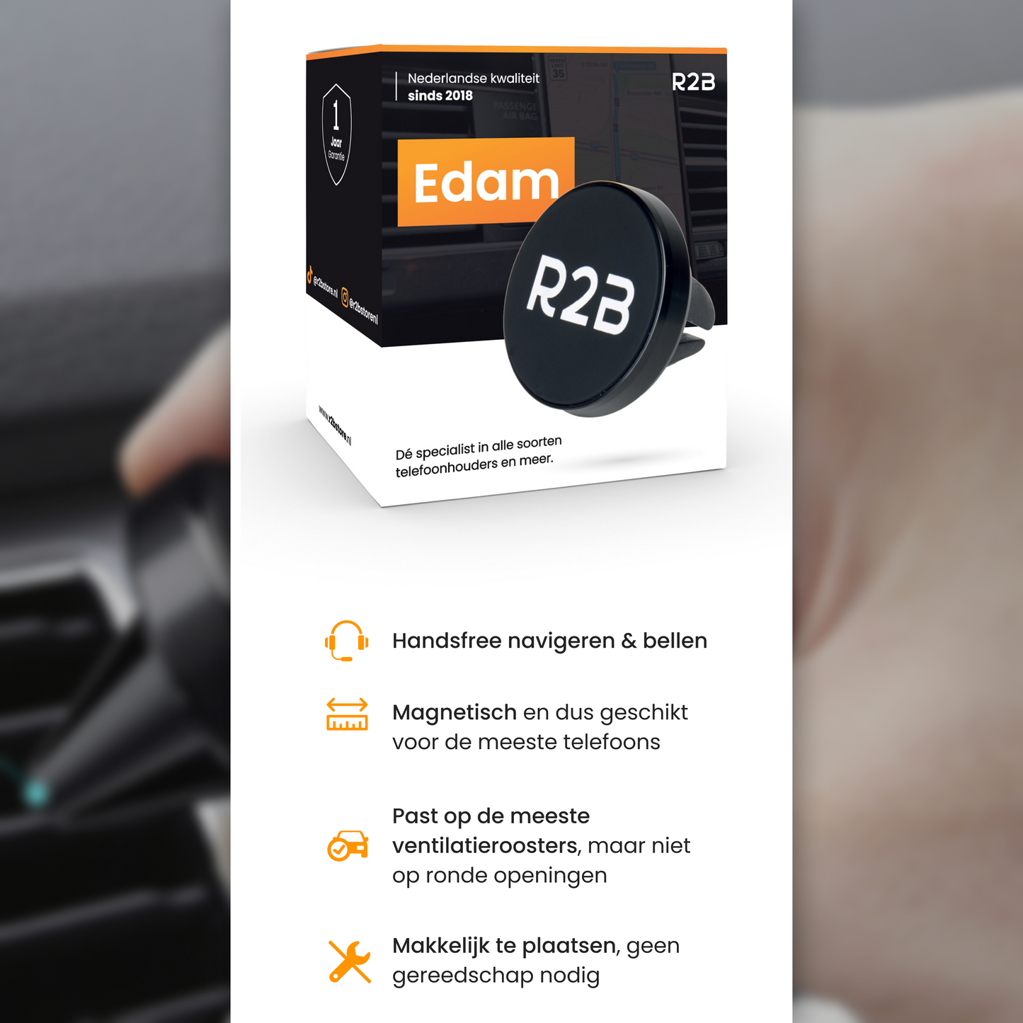 R2B Telefoonhouder auto magneet geschikt voor ventilatierooster - Model Edam