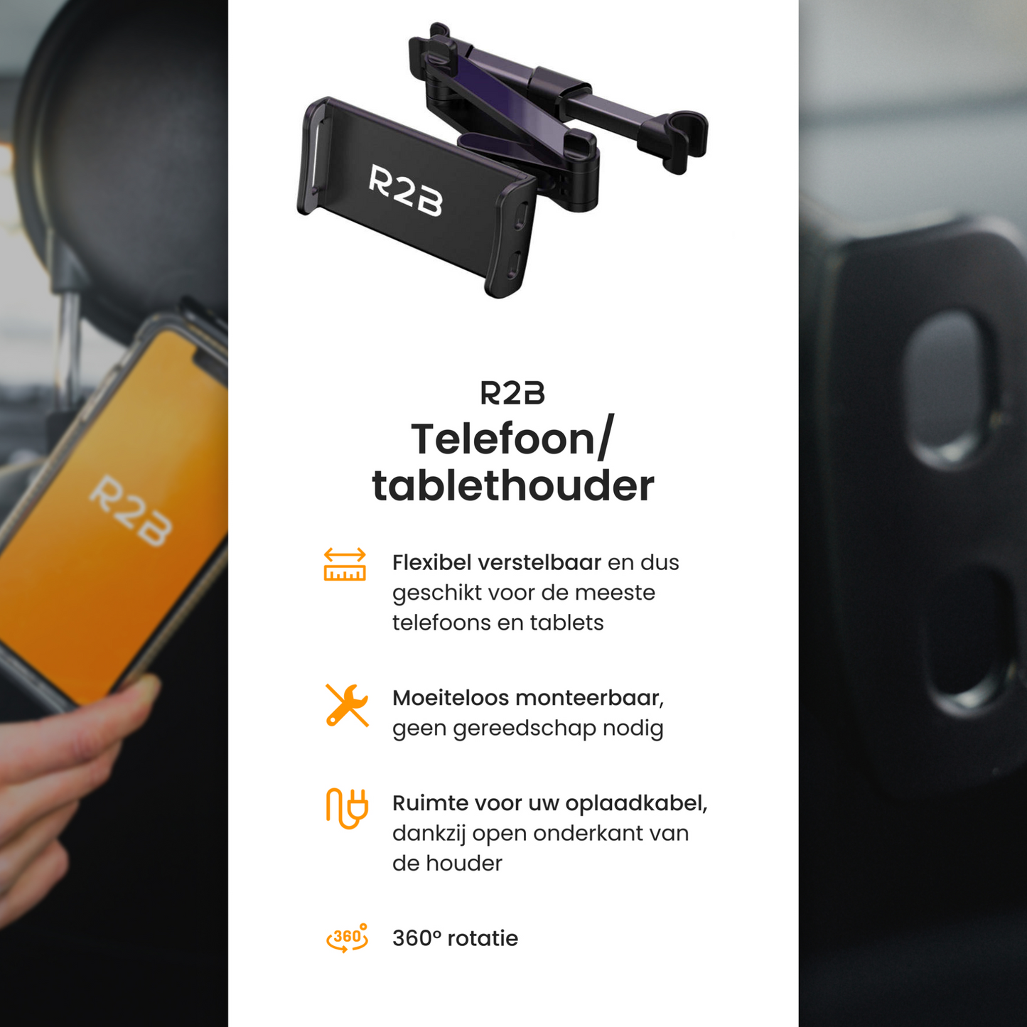 R2B Tablet houder auto hoofdsteun met verstelbare arm - Model Nijmegen